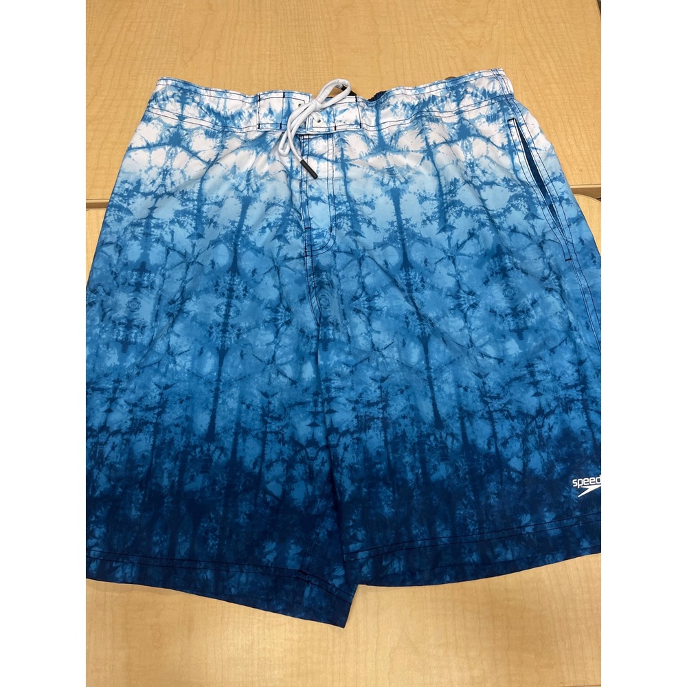 Speedo Mens Swim Trunks Blue White Tie Dye Board Shorts XL Elastic Waist Mesh